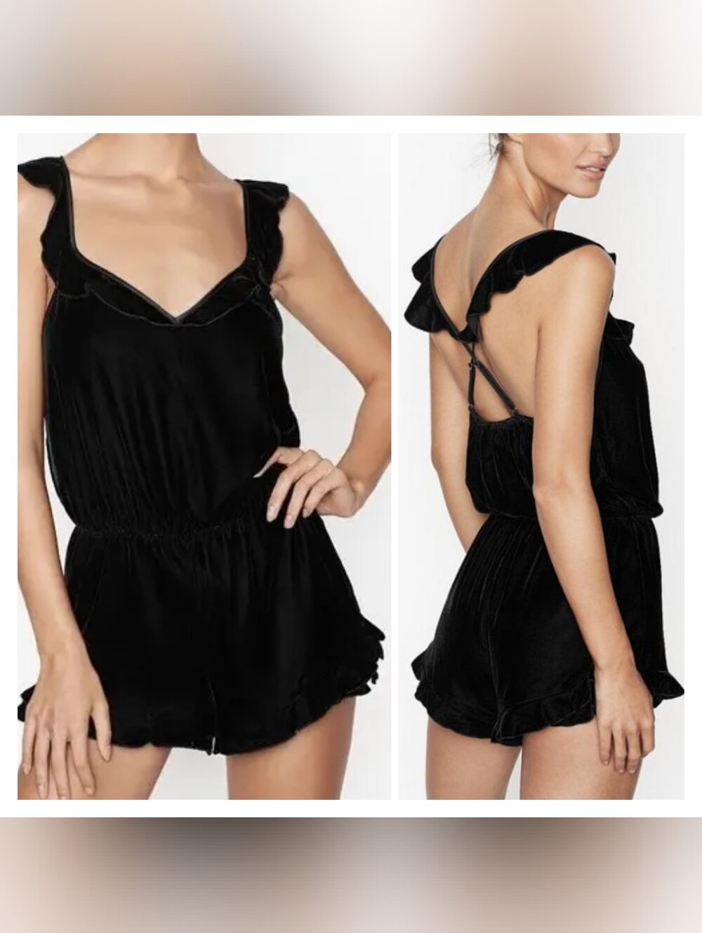 Victorias Secret Black Velvet Ruffle Romper Size M